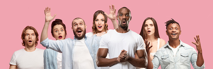 Image showing The collage of faces of surprised people on pink backgrounds. Human emotions, facial expression concept.