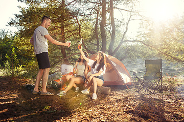 Image showing Party, camping of men and women group at forest. They relaxing