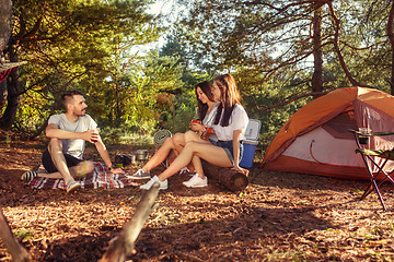 Image showing Party, camping of men and women group at forest. They relaxing