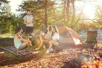 Image showing Party, camping of men and women group at forest. They relaxing
