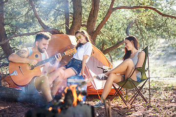 Image showing Party, camping of men and women group at forest. They relaxing, singing a song