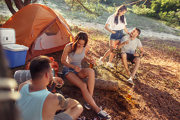 Image showing Party, camping of men and women group at forest. They relaxing