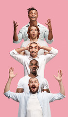 Image showing The collage of faces of surprised people on pink backgrounds. Human emotions, facial expression concept.