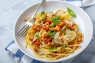 Image showing Pasta with wild chanterelles and parmesan.