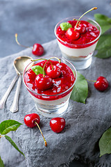 Image showing Delicious cheesecake with cherry jelly.