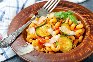 Image showing Italian pasta cavatappi with zucchini and basil.