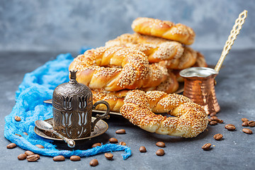 Image showing Traditional Turkish bagels and black coffee.