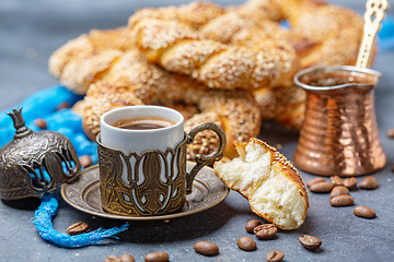 Image showing Fresh Turkish bagels with black coffee.