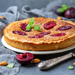 Image showing Delicious pie with plums and almond cream.