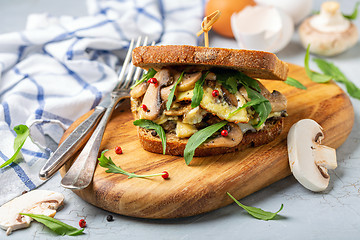 Image showing Sandwich with mushroom and scrambled eggs for Breakfast.