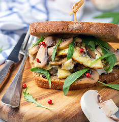 Image showing Sandwich with mushrooms and scrambled eggs.