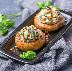 Image showing Baked mushrooms with minced eggplant and mushrooms