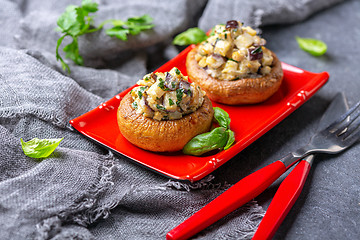 Image showing Mushrooms stuffed with eggplant, mushrooms and onions.