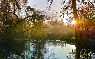 Image showing Backlighted cathedral from the marsh in Bourges