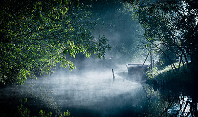 Image showing Mist on the river at dawn in the marshes in Bourges city