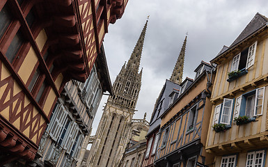 Image showing Street in Quimper with a view of the Cathedral of Saint Corentin