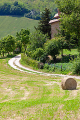 Image showing Scenery in Marche Italy with straw bale on a field 