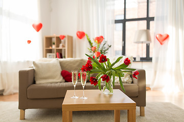 Image showing champagne glasses and flowers on valentines day