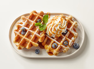 Image showing plate of belgian waffles dessert