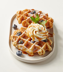 Image showing plate of belgian waffles dessert