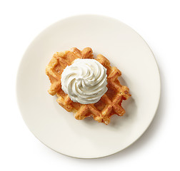 Image showing freshly baked belgian waffle on white plate