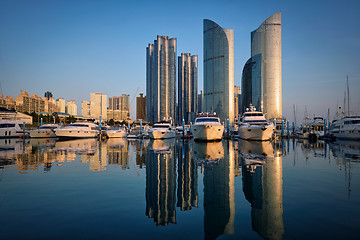 Image showing Busan marina with yachts on sunset, South Korea