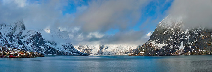 Image showing Norwegian fjord and mountains in winter. Lofoten islands, Norway