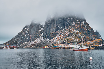 Image showing Ship in Hamnoy fishing village on Lofoten Islands, Norway 