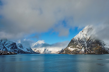 Image showing Norwegian fjord and mountains in winter. Lofoten islands, Norway