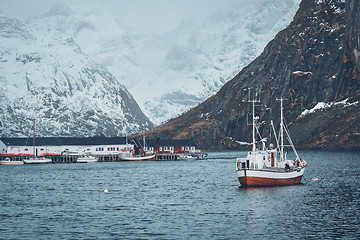 Image showing Ship in Hamnoy fishing village on Lofoten Islands, Norway 