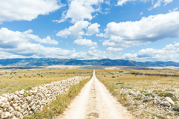 Image showing Dirt road leading trough dry rocky Mediterranean coastal lanscape of Pag island, Croatia in summertime