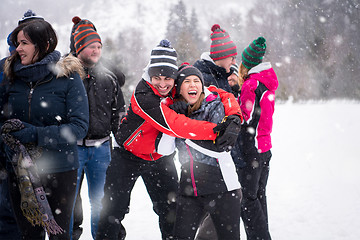 Image showing portrait of group young people in beautiful winter landscape