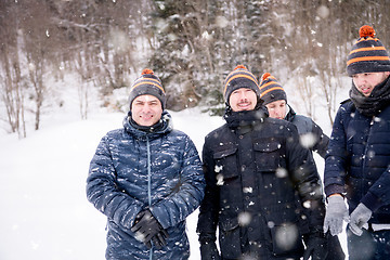 Image showing portrait of group young people in beautiful winter landscape