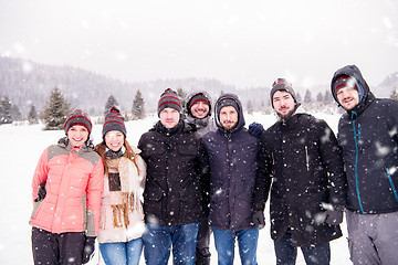 Image showing portrait of group young people in beautiful winter landscape