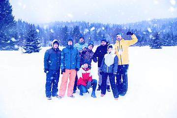 Image showing portrait of group young people in beautiful winter landscape