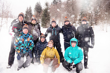 Image showing portrait of group young people in beautiful winter landscape