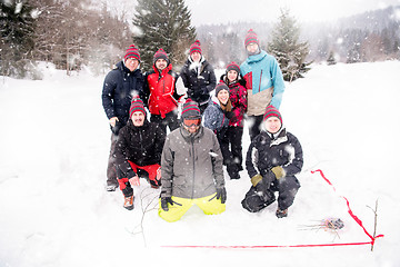 Image showing portrait of group young people in beautiful winter landscape