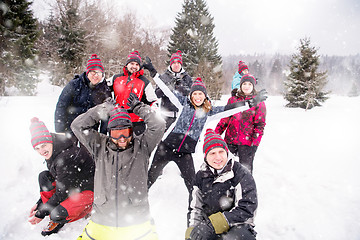 Image showing portrait of group young people in beautiful winter landscape