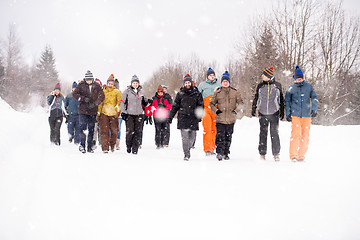 Image showing group of young people walking through beautiful winter landscape