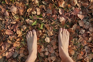 Image showing Walking barefoot in autumn