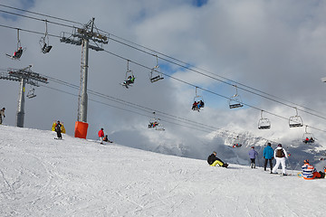 Image showing Skiing slopes, with many people