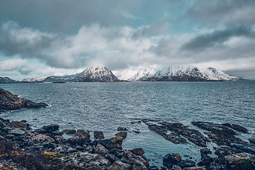 Image showing Norwegian fjord and mountains in winter. Lofoten islands, Norway