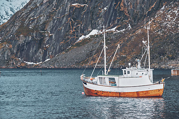 Image showing Ship in Hamnoy fishing village on Lofoten Islands, Norway 