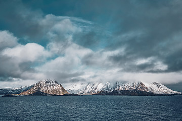 Image showing Norwegian fjord and mountains in winter. Lofoten islands, Norway