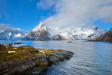 Image showing Norwegian fjord and mountains in winter. Lofoten islands, Norway