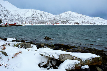 Image showing Norwegian fjord with red rorbu houses in Norway in winter