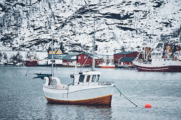 Image showing Ship in Hamnoy fishing village on Lofoten Islands, Norway 