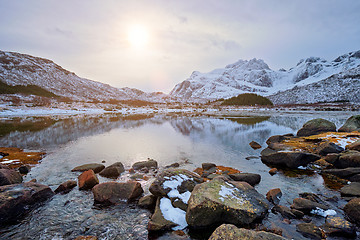 Image showing Sunset fjord in winter