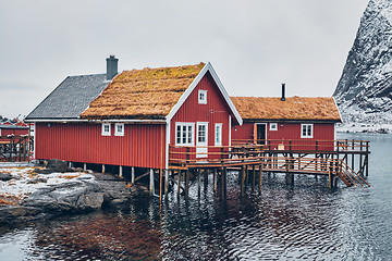 Image showing Traditional red rorbu house in Reine village on Lofoten Islands,