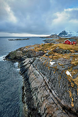 Image showing Clif with traditional red rorbu house on Lofoten Islands, Norway